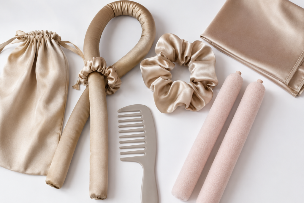 Flat lay of heatless styling tools including silk wraps and foam rollers Caption: The right tools make heatless styling simple and effective.