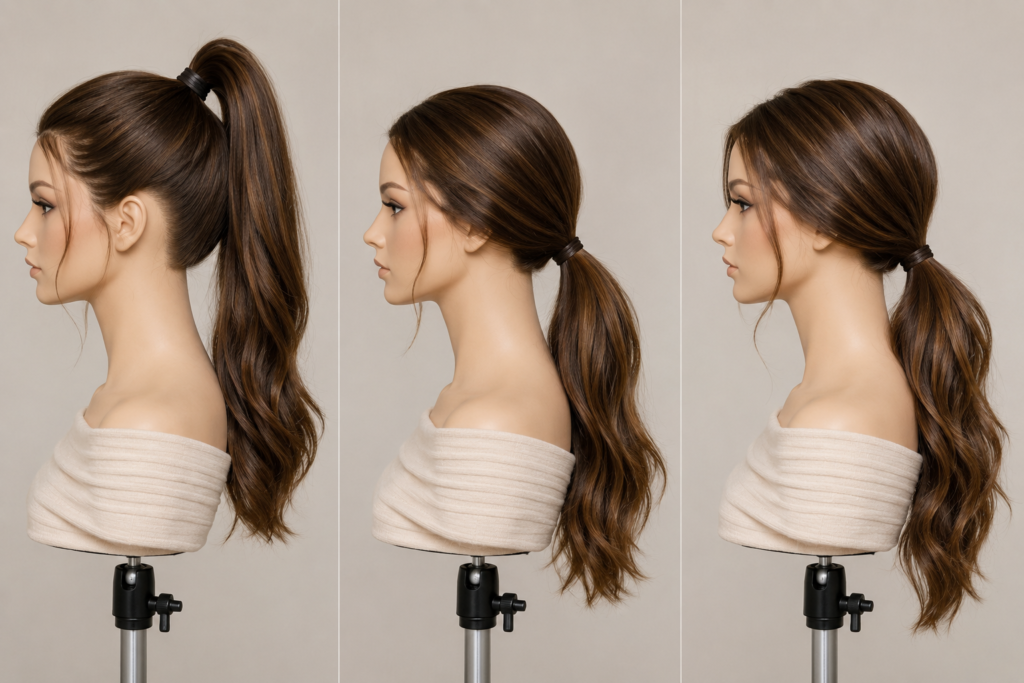 Comparison of high, low, and side ponytail placements