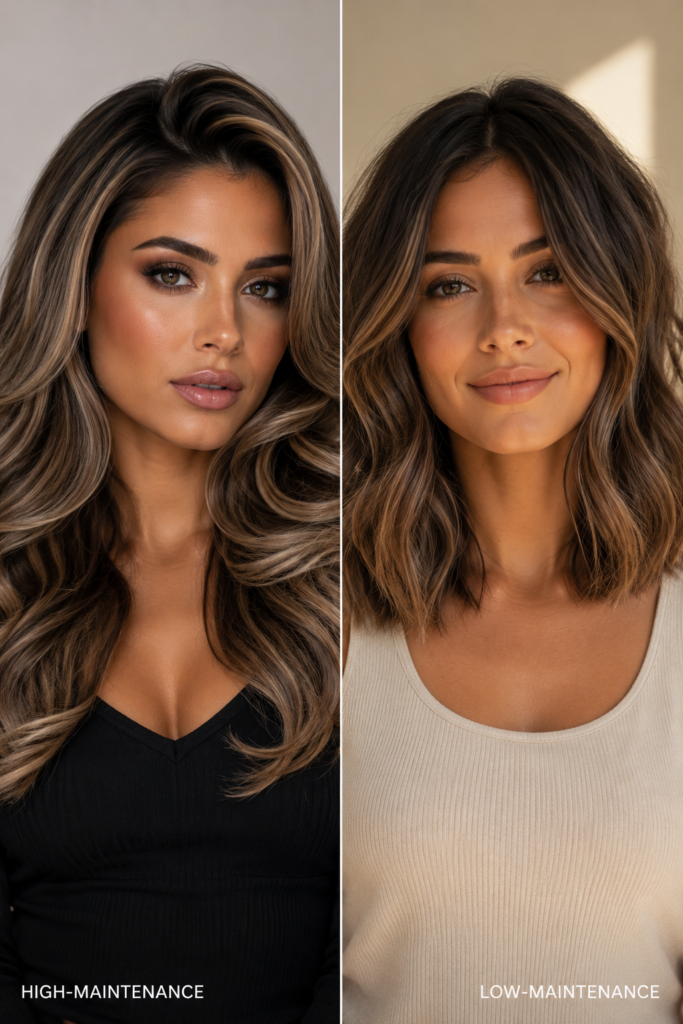  Before and after comparison of high-maintenance versus low-maintenance hairstyle Caption: See how a strategic cut and color reduce daily styling effort.