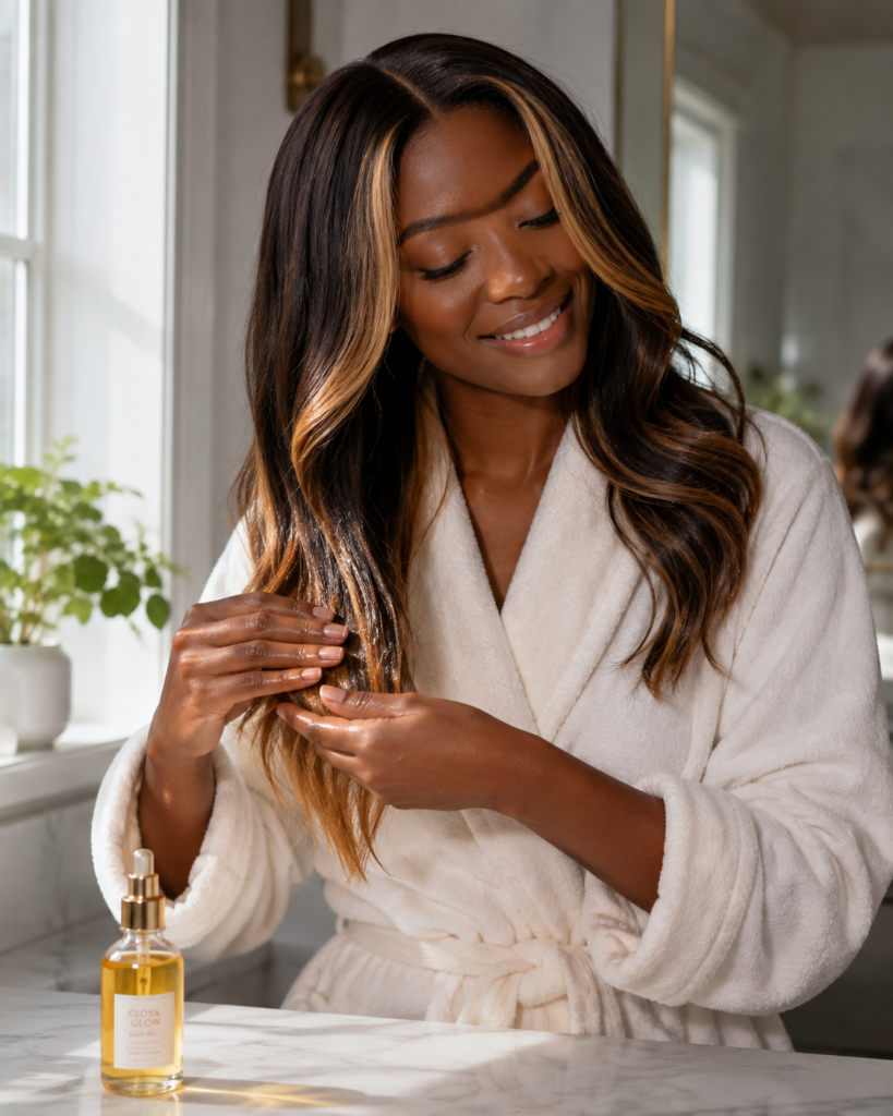 Woman with deep dark skin applying hair oil to honey money-piece hair in a bright bathroom