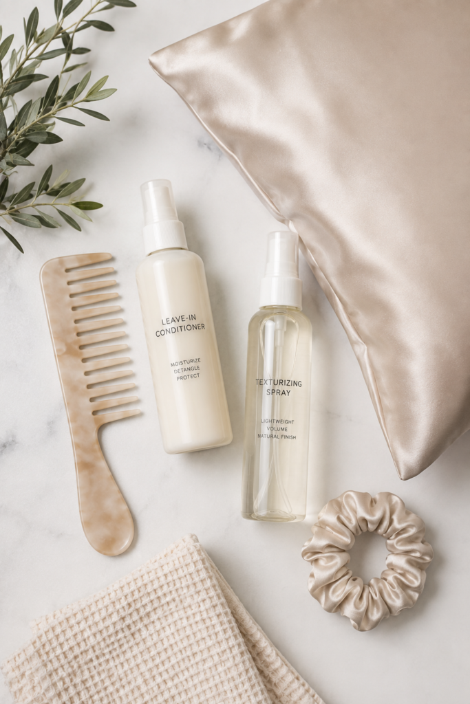Flat lay of simple low-maintenance hair care routine essentials Caption: A simplified routine is the foundation of low-maintenance hair.