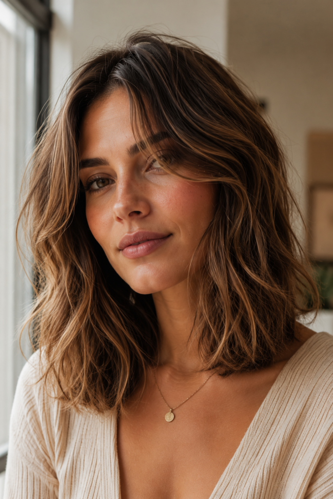 Woman with shoulder-length hair styled in soft effortless waves Caption: Low-maintenance hair can still look polished and intentional.