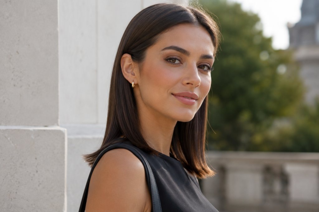 Woman with medium-length straight hair tucked behind ears