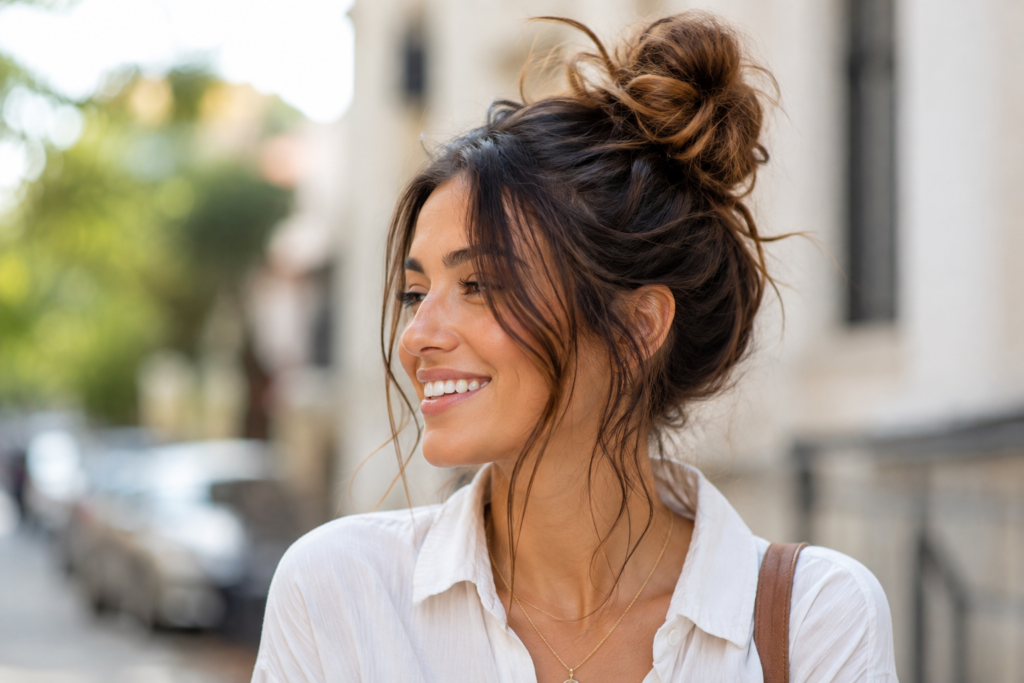 Woman wearing casual messy top knot with loose pieces