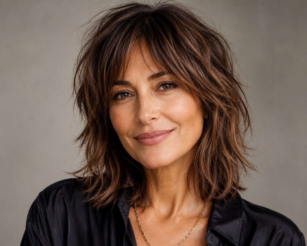Close-up of modern shag haircut on woman in her forties
