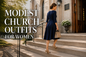 Elegant woman wearing a navy blue modest midi dress and nude heels walking up church steps on a Sunday morning.