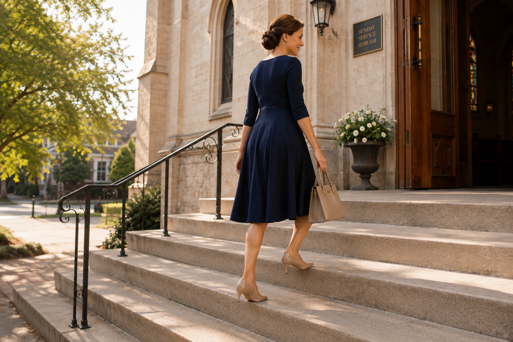Woman wearing a navy modest dress arriving at a church service