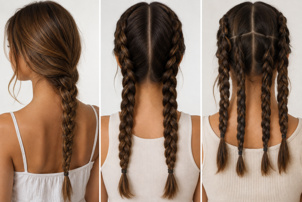 Comparison of single, double, and multiple overnight braid styles Caption: Braid type and number directly affect the final wave pattern.