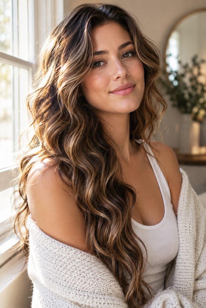 Woman with soft natural overnight braid waves cascading over shoulder Caption: Overnight braiding creates soft, natural waves while you sleep.