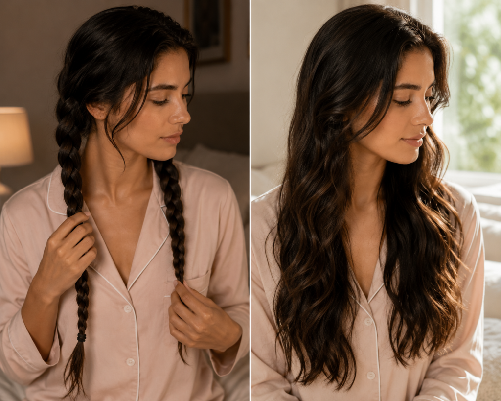 Before and after comparison of overnight braid and morning waves Caption: See the transformation from nighttime braid to morning waves.