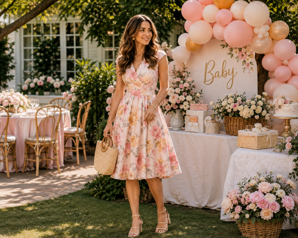 Woman wearing a pastel floral dress at an outdoor baby shower