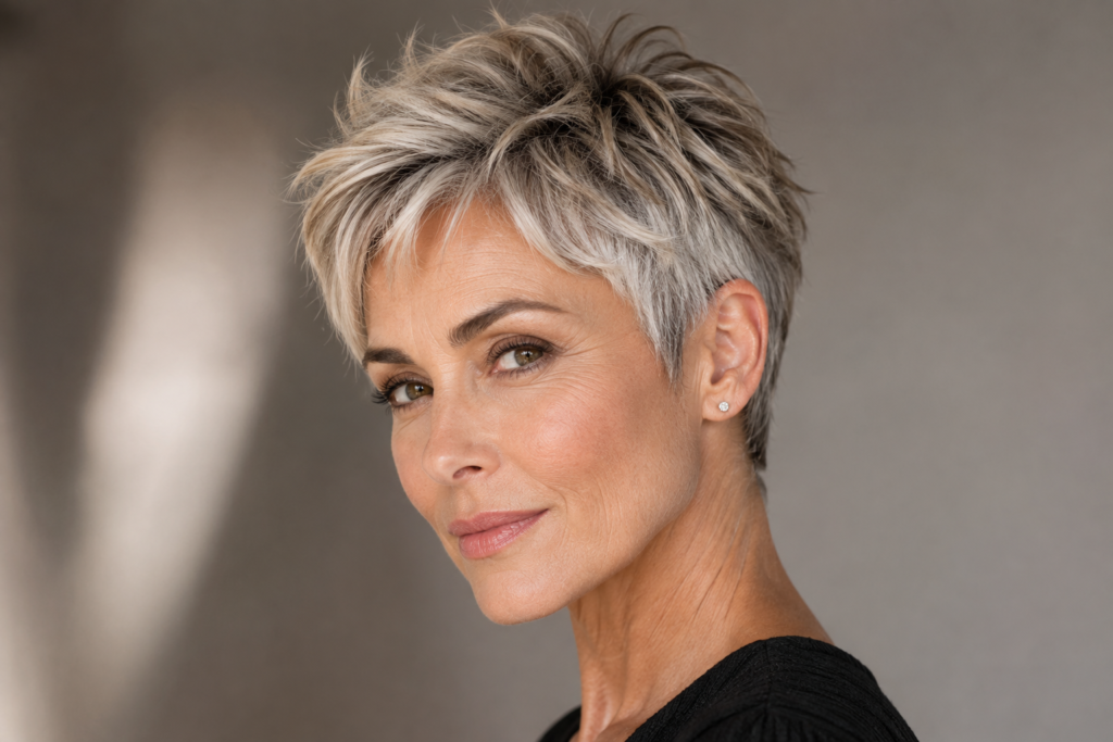 Close-up of woman over 50 with textured pixie haircut