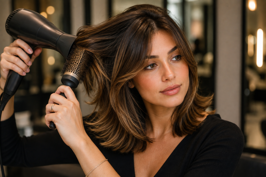 Woman blow-drying medium-length hair with round brush for bounce
