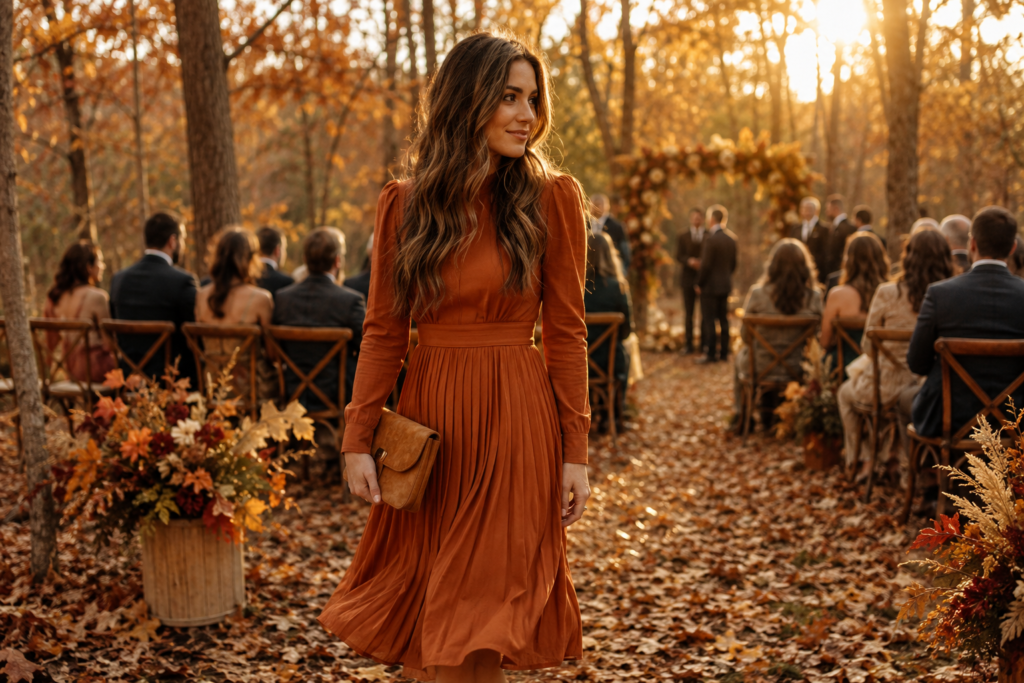 Woman wearing a rust-colored midi dress at an outdoor fall wedding ceremony