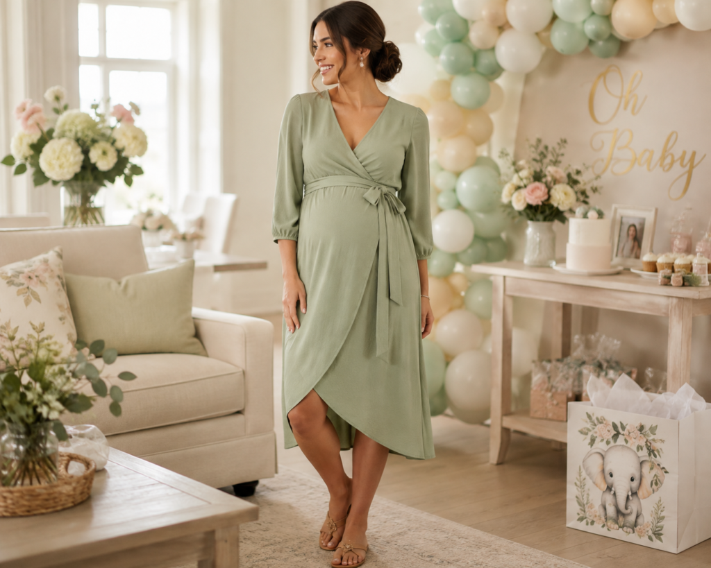 Woman in a sage green wrap dress at an indoor baby shower
