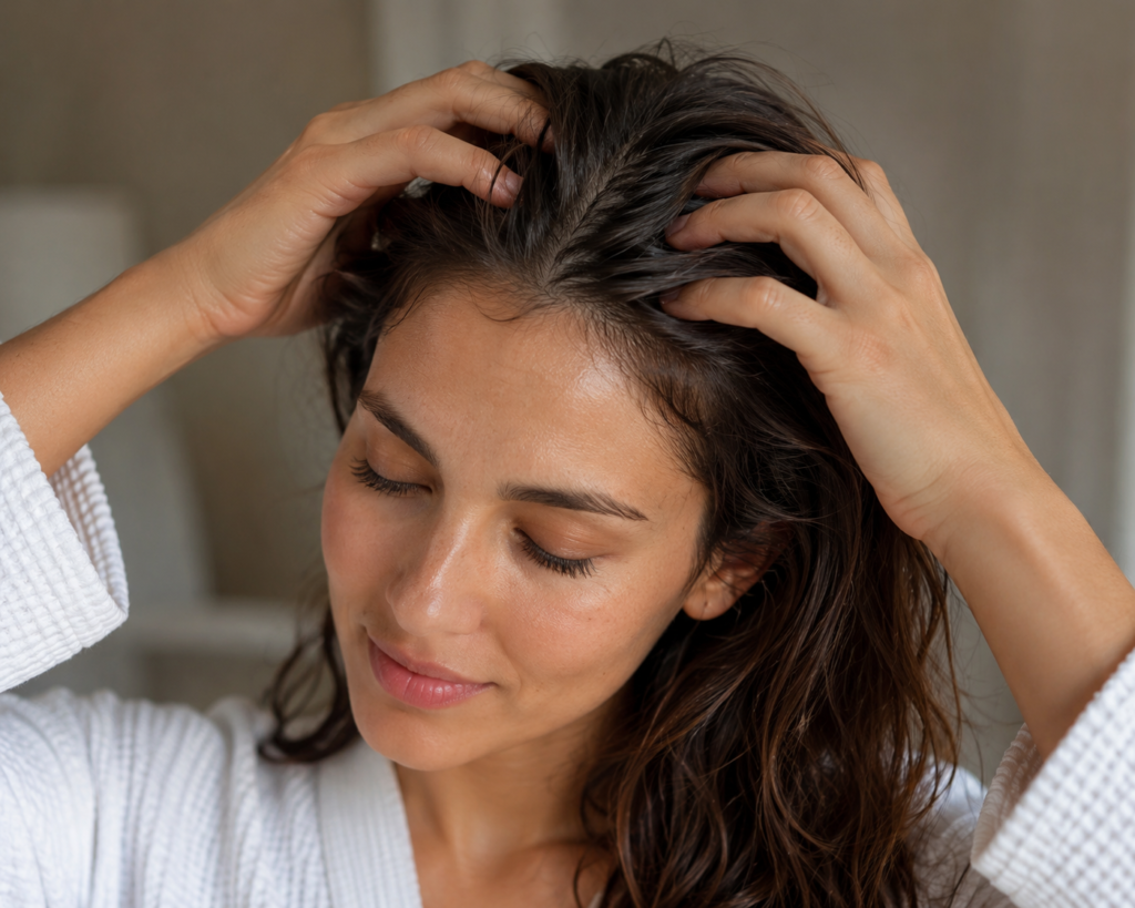 Woman gently massaging scalp after removing hair tie