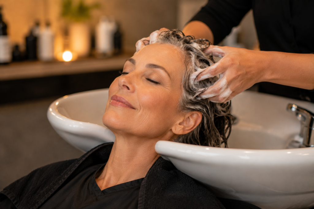 Woman over 50 receiving scalp massage during hair wash