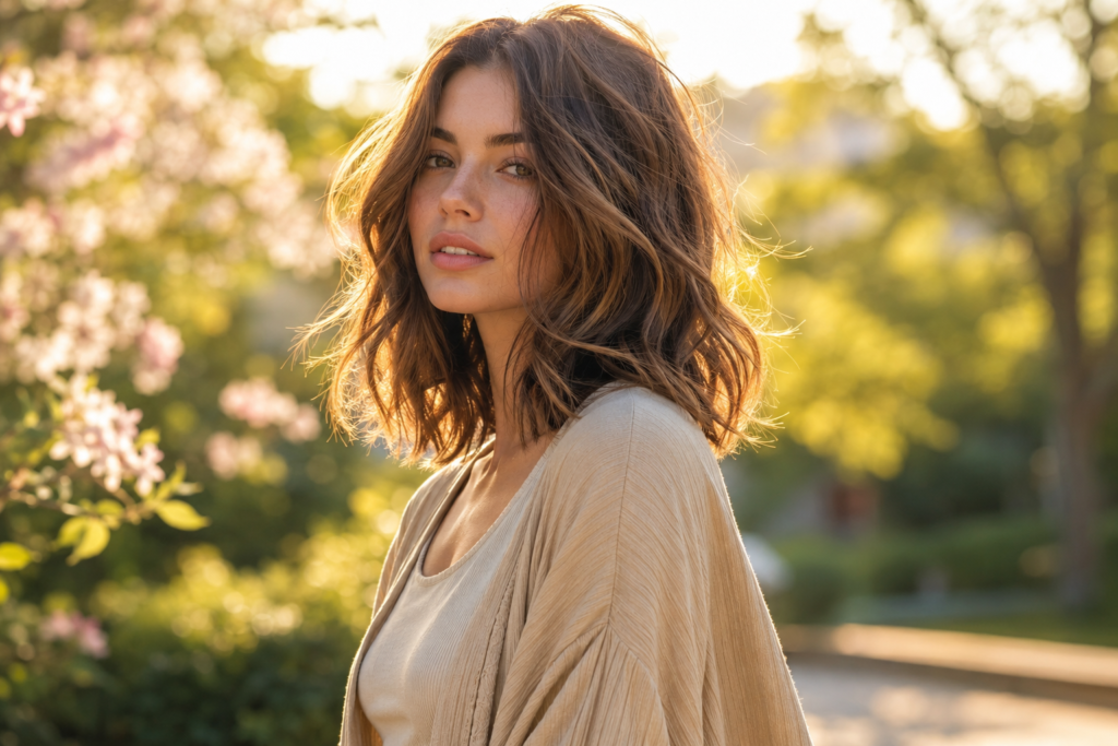 Woman with softly layered shoulder-length hair styled in loose natural waves outdoors Caption: Soft layers and natural waves are defining spring 2026's effortless hair movement
