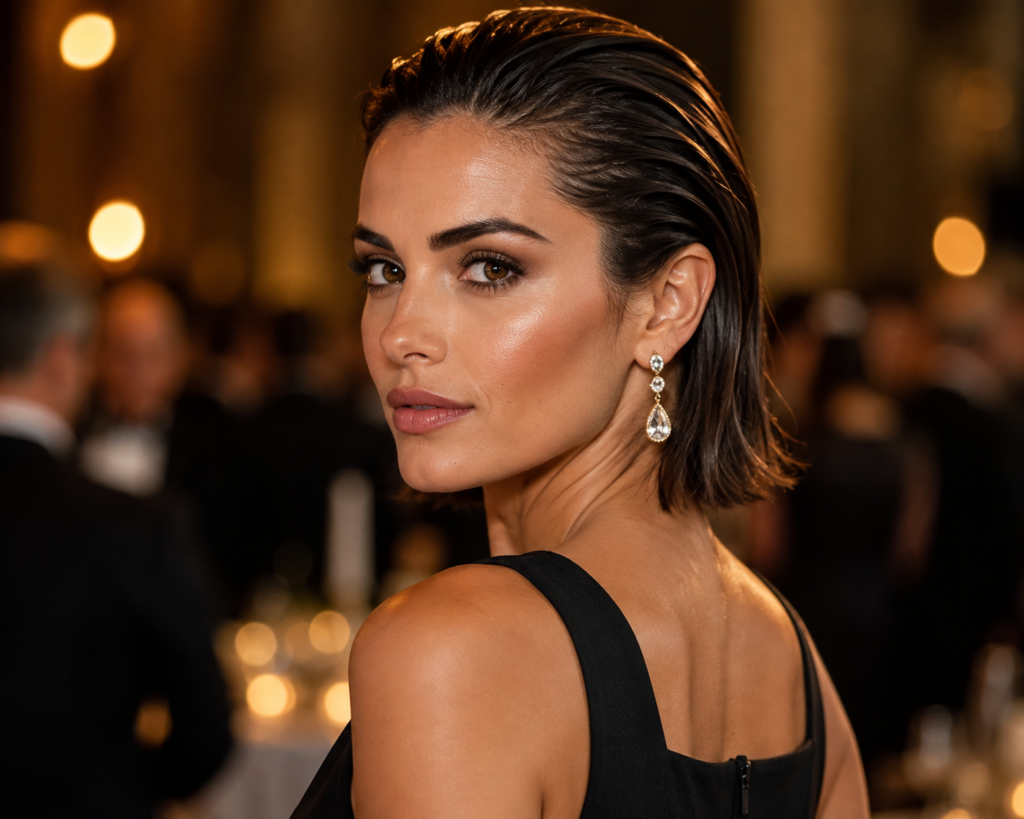 Woman with slicked-back short bob hairstyle at formal evening event Caption: A slicked-back finish turns short hair into a sharp formal statement.