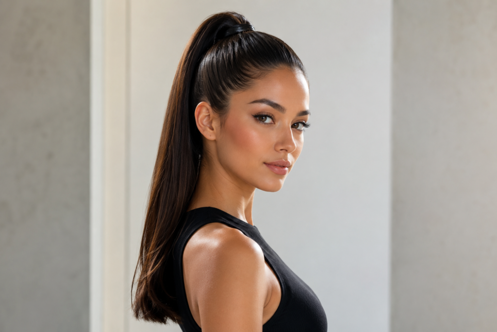Woman wearing sleek high ponytail with polished base