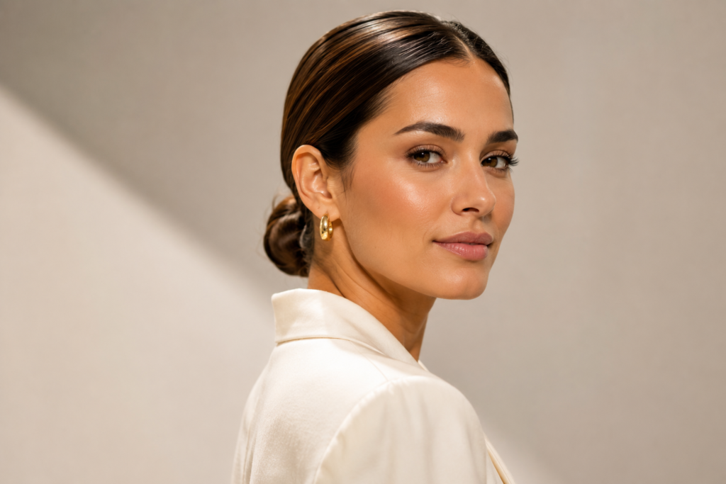 Woman wearing sleek low bun in studio lighting