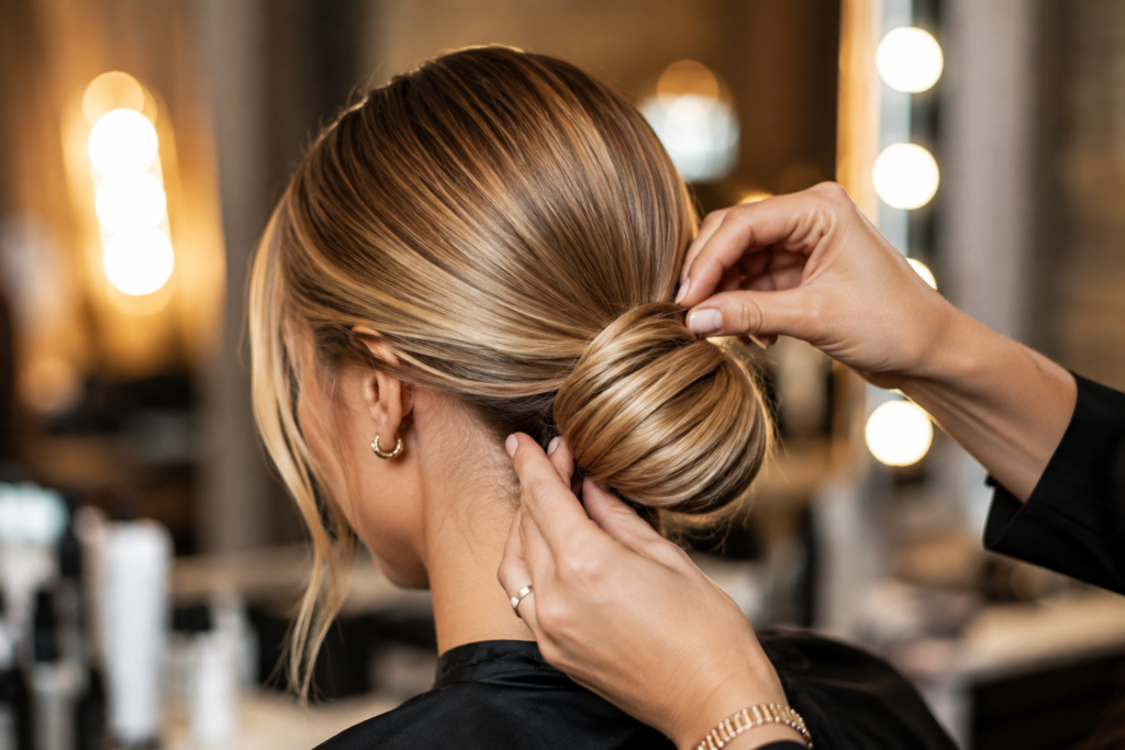 Close-up of hairstylist pinning sleek low bun