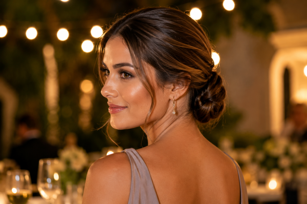 Woman wearing sleek low chignon at outdoor evening formal event Caption: A polished chignon holds its shape through warm summer evenings.