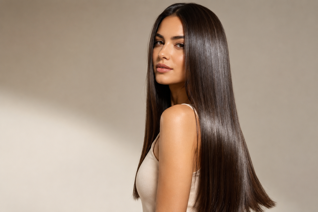 Woman with long glossy straight hair in studio lighting