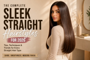 Woman with long glossy sleek straight hair in a luxury editorial setting