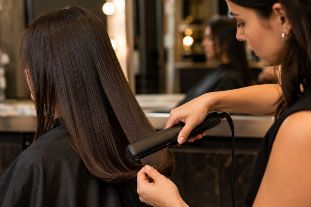Hairstylist creating soft bend at hair ends with flat iron