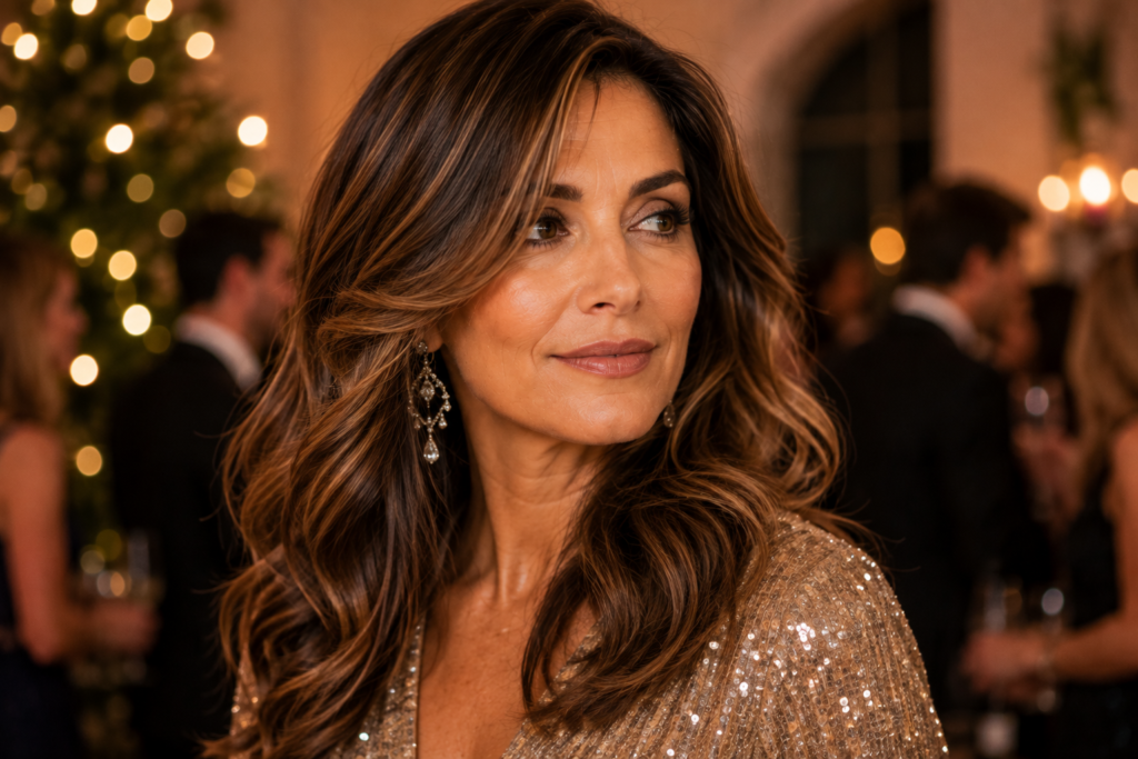 oman with soft glam waves at evening holiday party