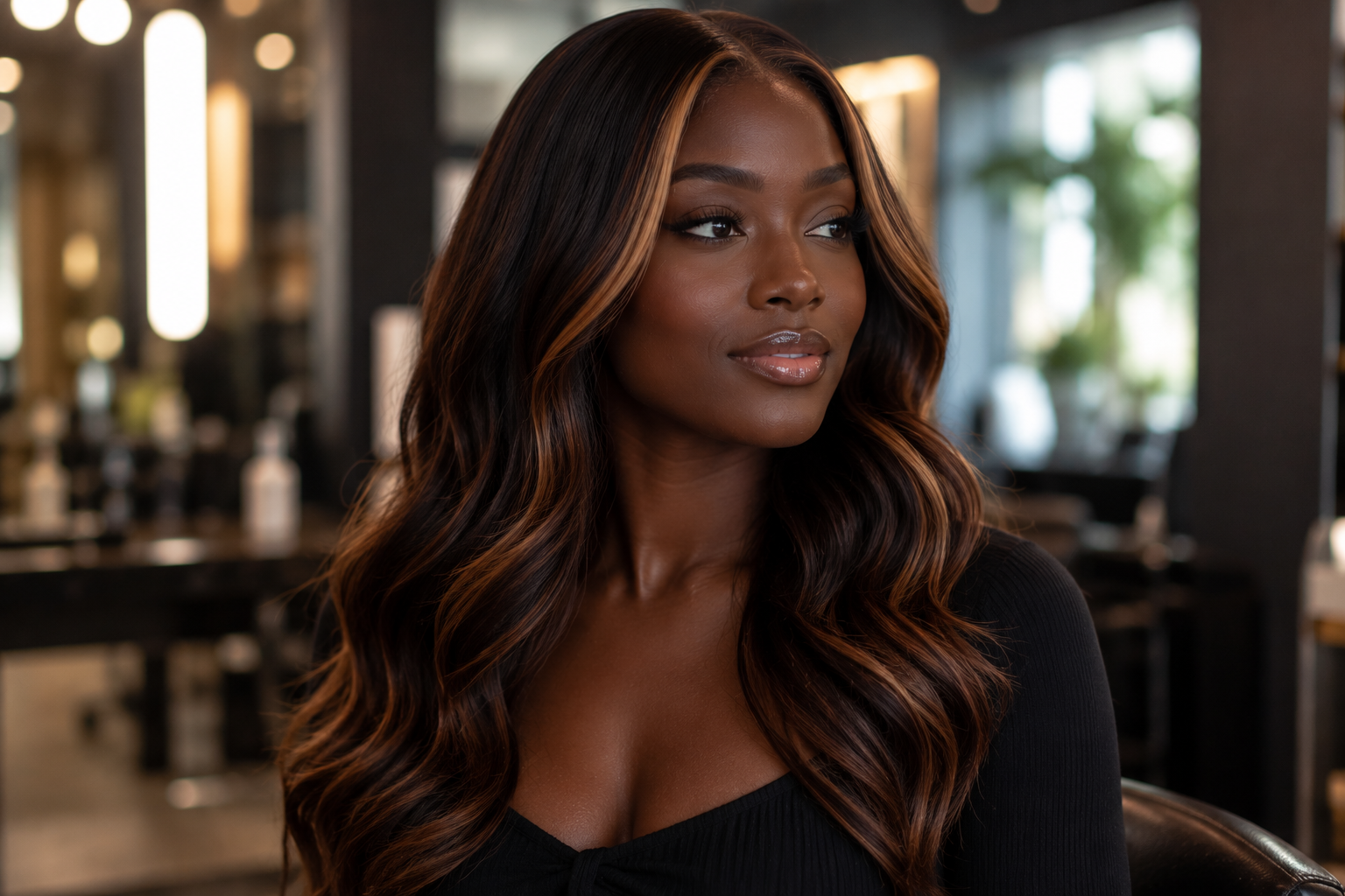 Cinematic portrait of a beautiful Black woman with glossy espresso-copper hair and honey money-piece highlights in a luxury salon, showcasing the best spring hair color for dark skin in 2026