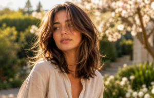 Woman with softly layered spring hairstyle featuring natural movement, face-framing layers, and healthy texture photographed outdoors in warm golden-hour light for Spring Hairstyle Trends 2026.