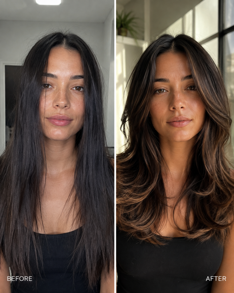 Before and after comparison of damaged straight hair versus soft layered natural texture Caption: The difference between fighting your texture and working with it