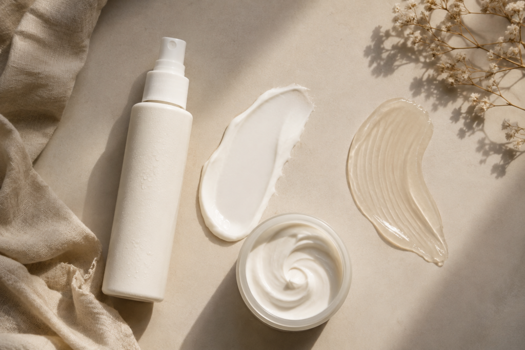 Flat-lay of three different leave-in conditioner formulas