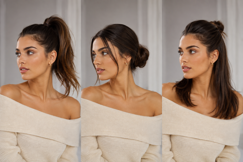 Woman trying three different pulled-back hairstyles in sequence