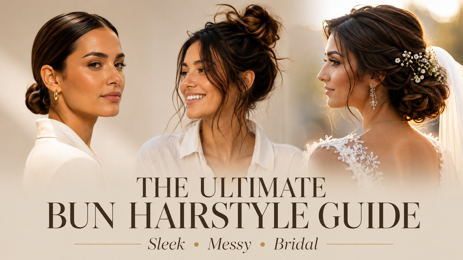 Three women showing sleek low bun, messy top knot, and bridal textured bun with flowers.