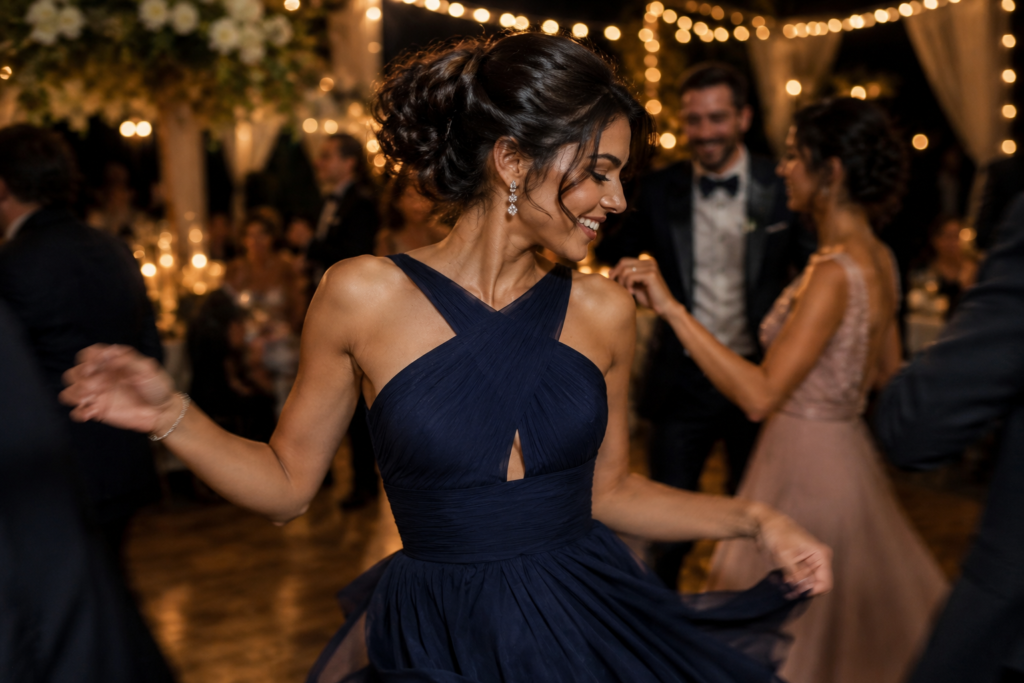 Woman dancing at evening wedding reception with formal updo intact Caption: A well-secured formal style should hold from ceremony through dancing