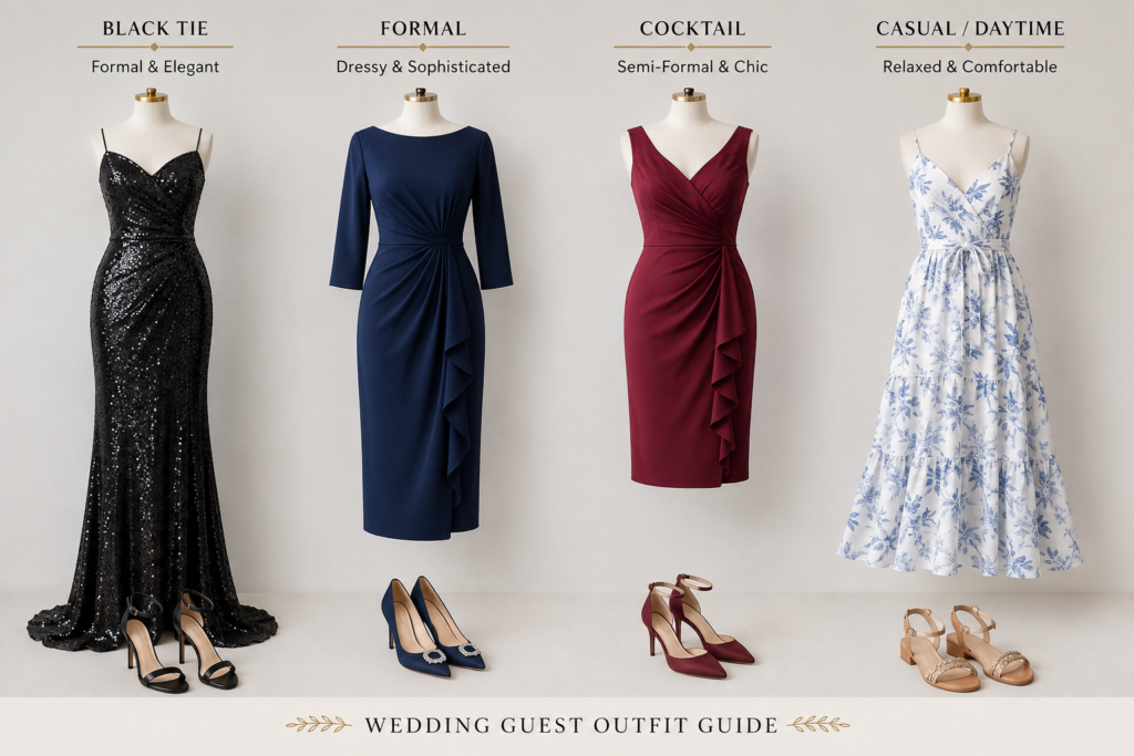 Four wedding guest dress code styles shown side by side: black tie, formal, cocktail, and casual
