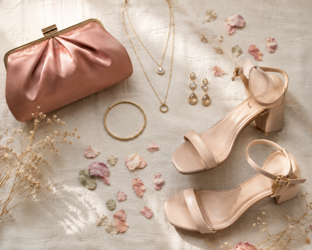Flat lay of wedding guest accessories including a clutch, heels, and gold jewelry