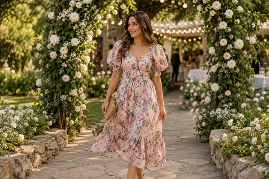 Woman wearing a floral midi dress arriving at an outdoor garden wedding