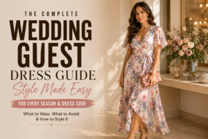 Elegant woman wearing a floral wedding guest dress with clutch in a sophisticated setting, featured in a complete wedding guest dress guide.