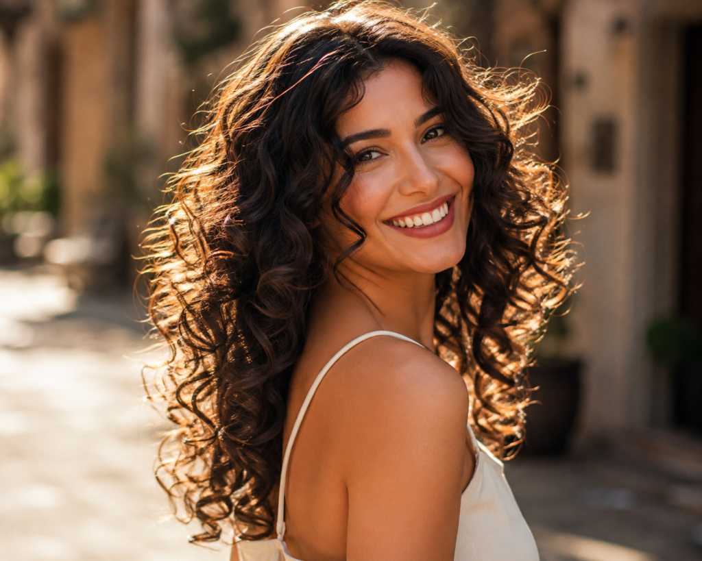 Woman with well-defined loose curls in natural outdoor light Caption: Understanding your specific curl pattern is the foundation of good curly styling.