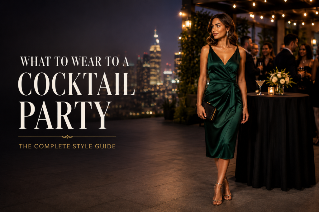 Elegant woman wearing an emerald green midi cocktail dress with heels and a black clutch at an upscale rooftop cocktail party.