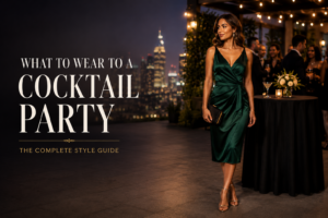 Elegant woman wearing an emerald green midi cocktail dress with heels and a black clutch at an upscale rooftop cocktail party.