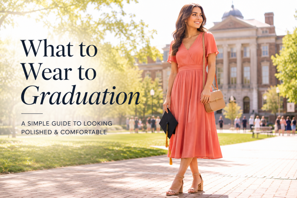 Woman in a coral midi dress holding a graduation cap on a sunny university campus