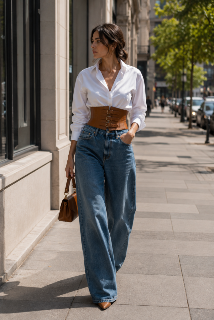 Woman wearing tucked shirt, wide-leg jeans, and tan corset belt on city sidewalk Caption: A wide belt turns a simple tucked shirt into a finished look.