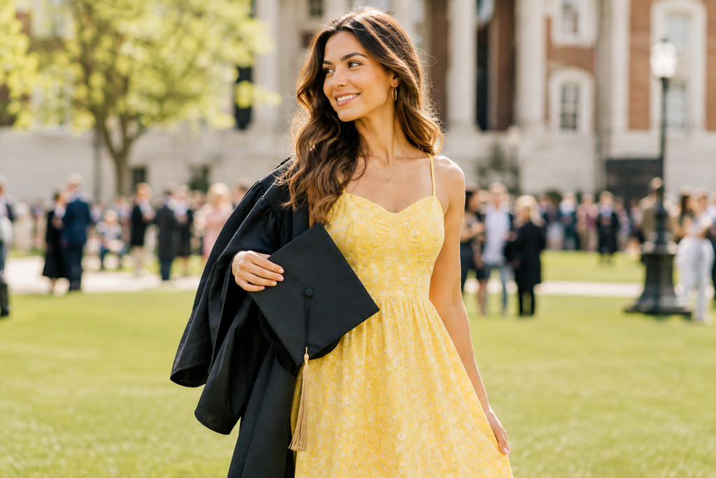 Woman wearing a yellow sundress at an outdoor graduation ceremony