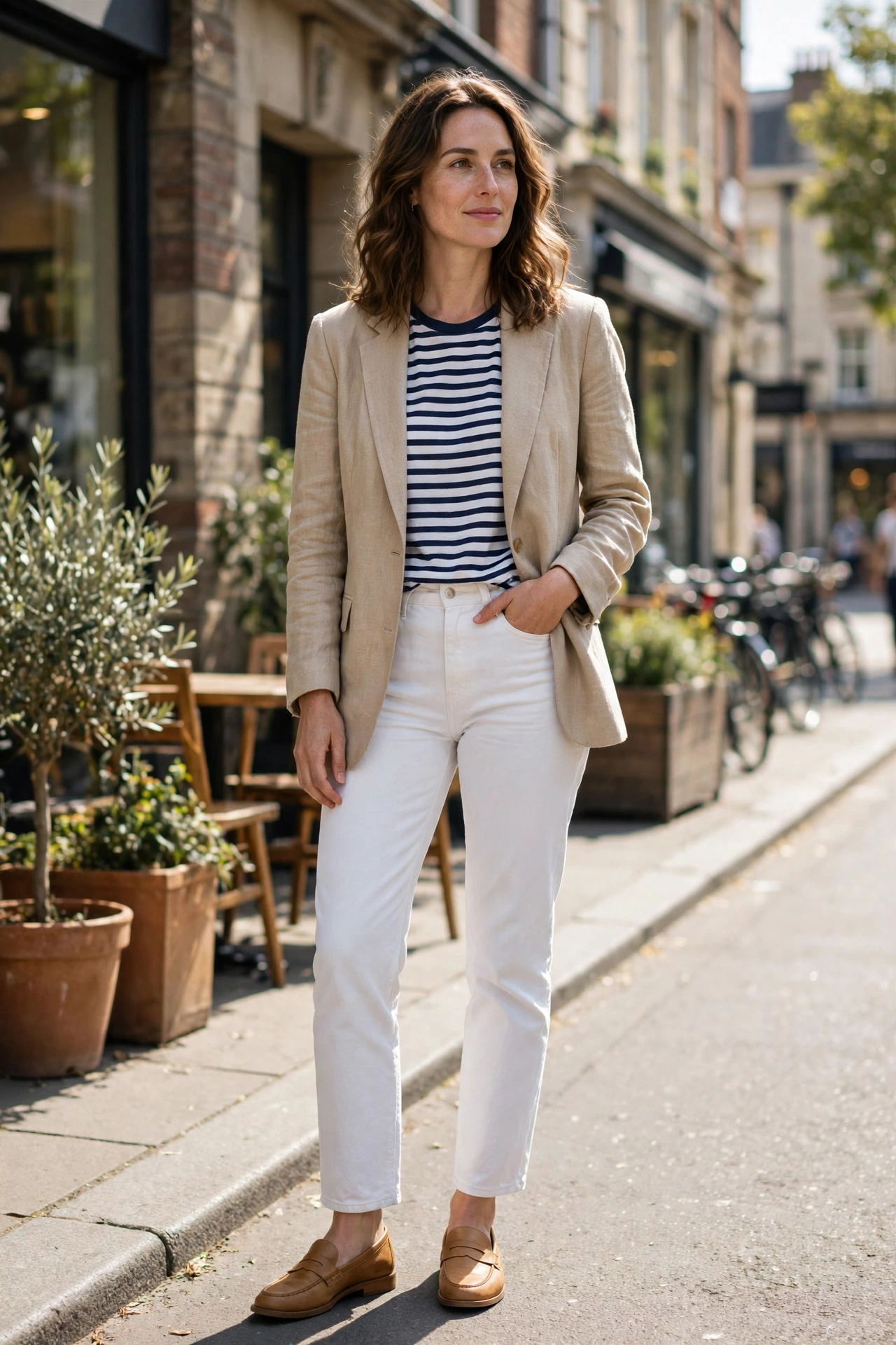 Beige blazer with a striped tee and white jeans, an easy option in casual blazer outfits for spring
