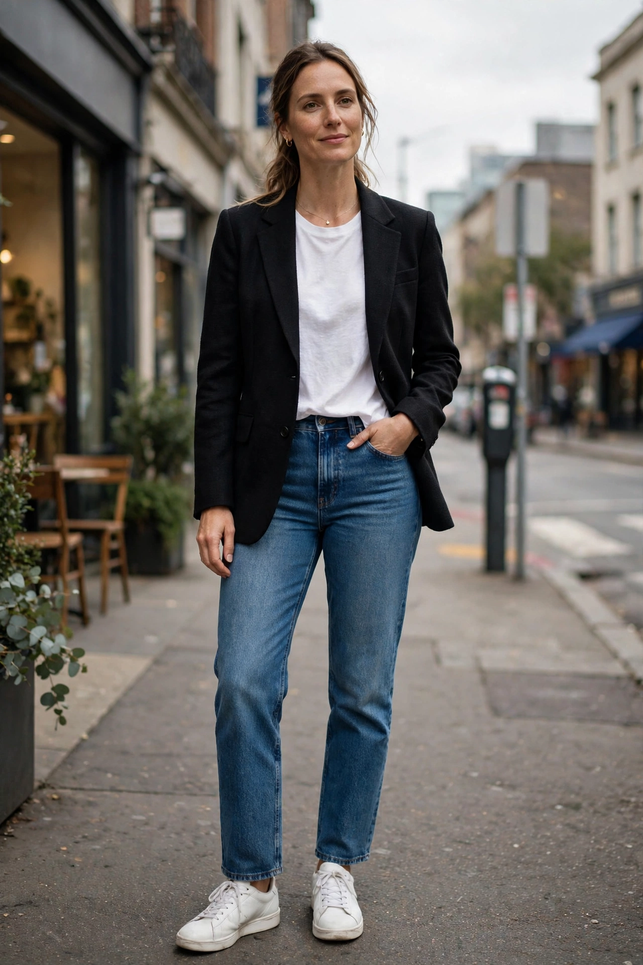 Woman wearing a black blazer with jeans, showing black blazer outfits for women